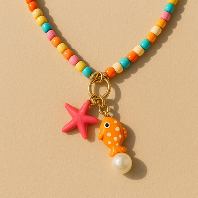 Boho Halskette mit bunten Perlen & Meeres-Charme – Fisch & Seestern Anhänger