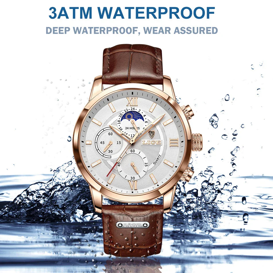 Herren Chronograph – Luxus Quarz-Armbanduhr mit Mondphase & Lederarmband | Sportlich & Elegant | 3ATM Wasserdicht
