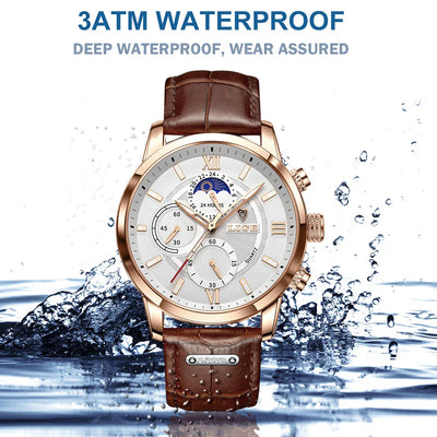 Herren Chronograph – Luxus Quarz-Armbanduhr mit Mondphase & Lederarmband | Sportlich & Elegant | 3ATM Wasserdicht