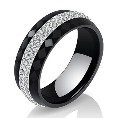 Eleganter Keramikring für Damen – Schwarz & Weiß mit Kristall