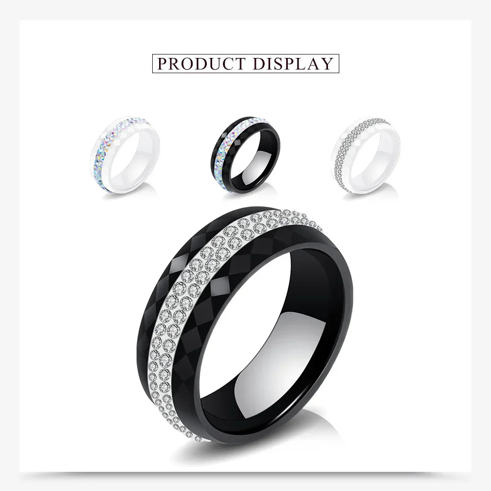 Eleganter Keramikring für Damen – Schwarz & Weiß mit Kristall