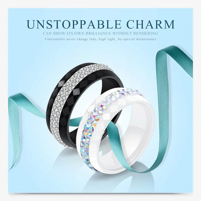 Eleganter Keramikring für Damen – Schwarz & Weiß mit Kristall