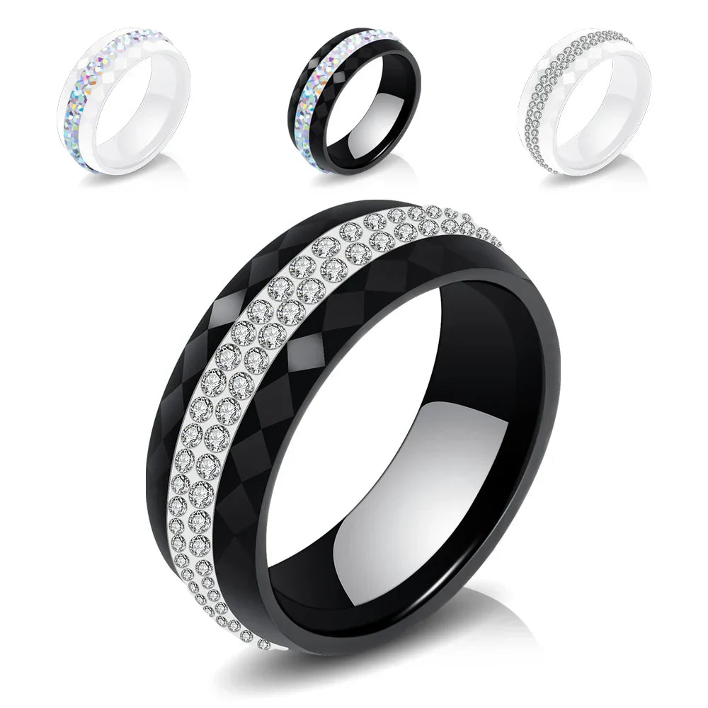 Eleganter Keramikring für Damen – Schwarz & Weiß mit Kristall