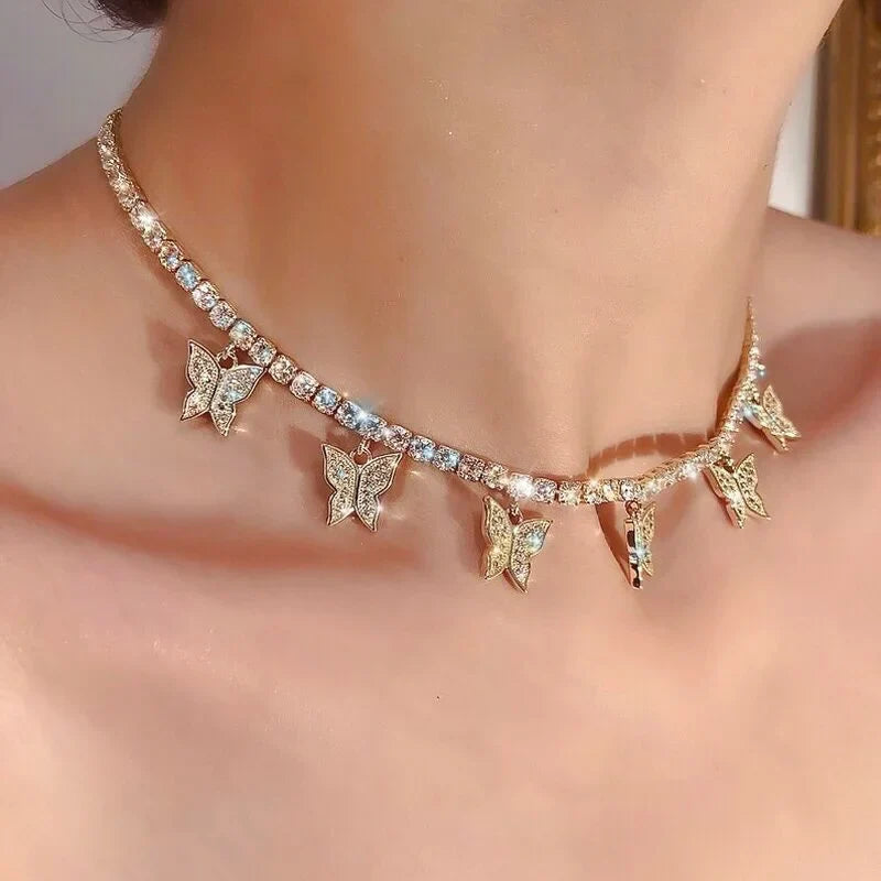 Crystal Butterfly Pendants Chokers Personality Gold Color Hollow Chain Choker Necklaces Ladies Punk Collar jewellery – Halskette