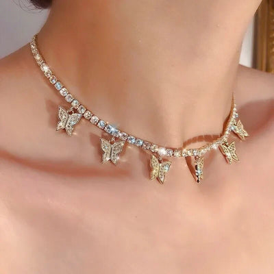 Crystal Butterfly Pendants Chokers Personality Gold Color Hollow Chain Choker Necklaces Ladies Punk Collar jewellery – Halskette