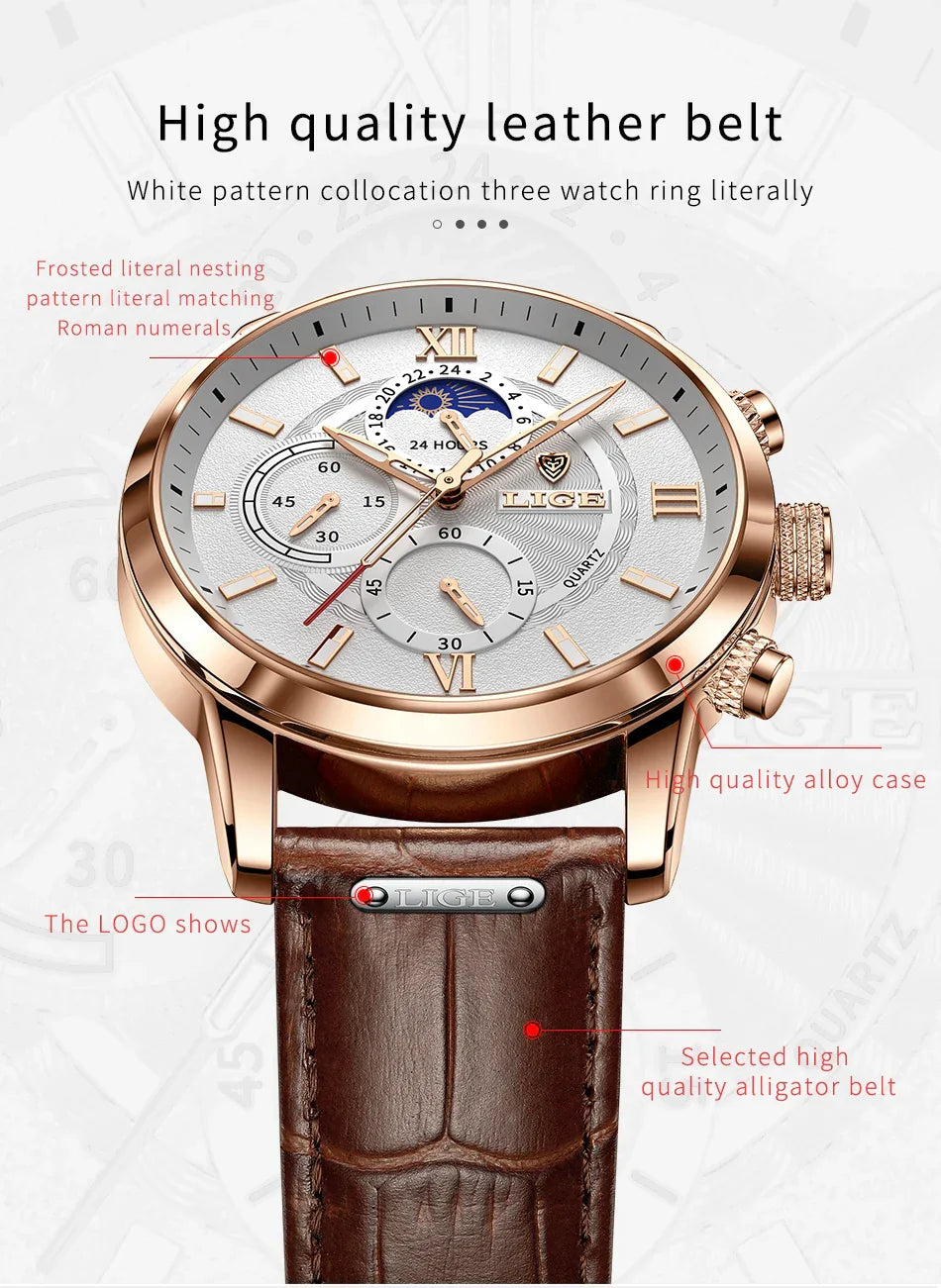 Herren Chronograph – Luxus Quarz-Armbanduhr mit Mondphase & Lederarmband | Sportlich & Elegant | 3ATM Wasserdicht