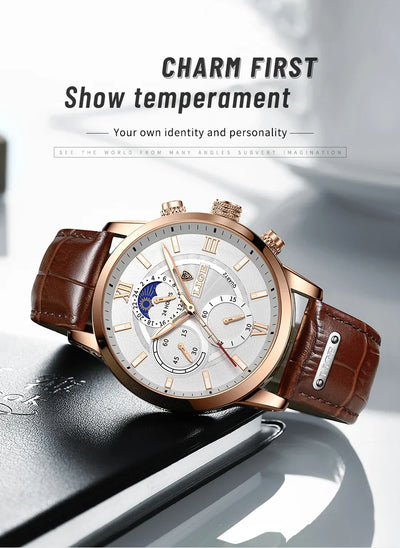 Herren Chronograph – Luxus Quarz-Armbanduhr mit Mondphase & Lederarmband | Sportlich & Elegant | 3ATM Wasserdicht