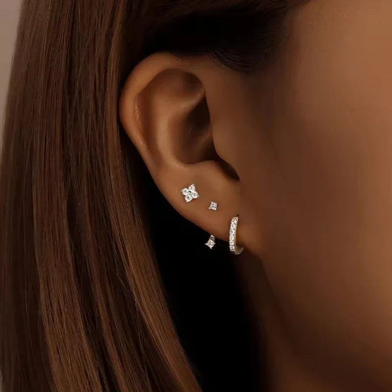 3Pcs Double Crystal Tragus Earring Floral Set Cartilage Helix Stud Earrings Bulk Lobe Hoop Earing Lot Fashion Jewelry Gift