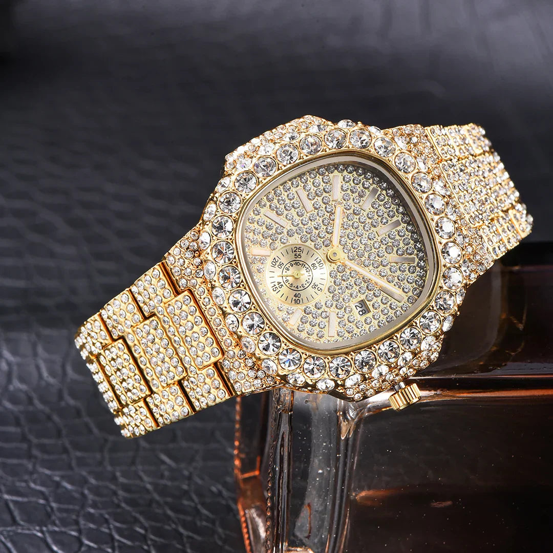 Luxus "Iced Out" Quarz-Armbanduhr für Herren – Edelstahl, Stoßfest, Wasserdicht