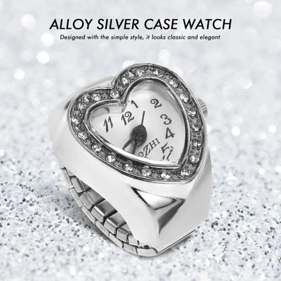Vintage Herz Ringuhr für Damen – Retro Quarz Fingeruhr mit elastischem Armband