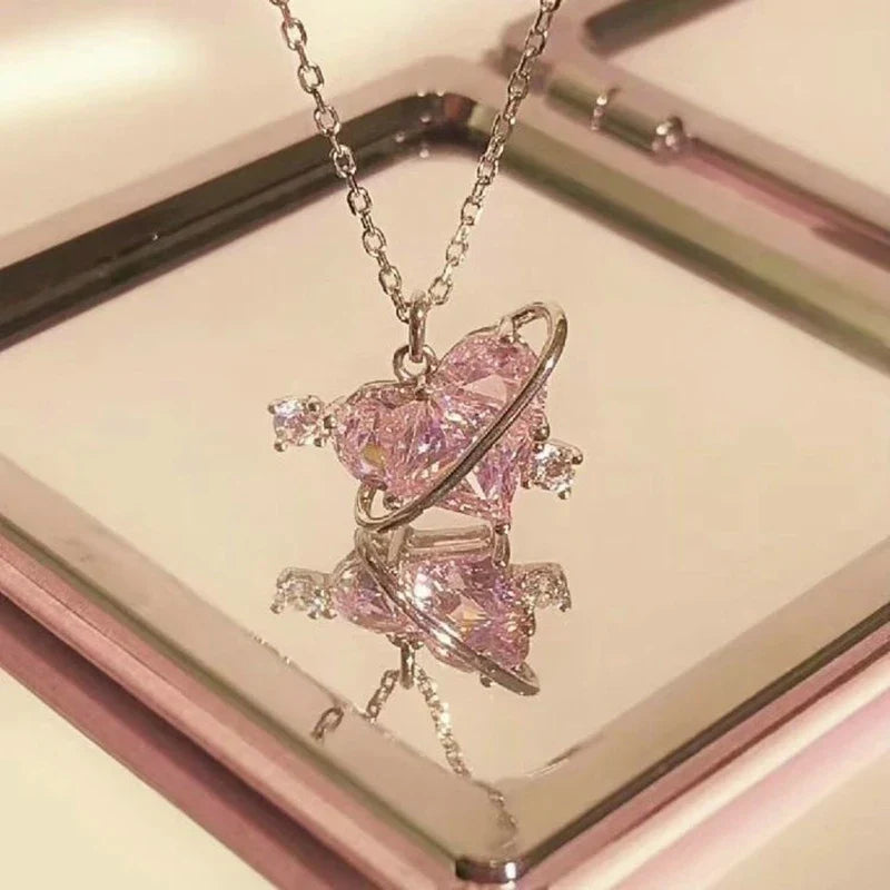 Fashion Pink Planet Heart Zircon Necklace Charm Aesthetic Clavicle Chain Necklace Valentines Day Gift Party Jewelry – Halskette