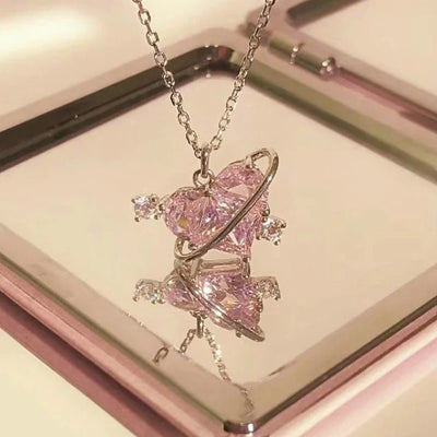 Fashion Pink Planet Heart Zircon Necklace Charm Aesthetic Clavicle Chain Necklace Valentines Day Gift Party Jewelry – Halskette