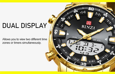 Luxus Herren-Armbanduhr 2025 – Goldene Edelstahluhr mit Dual Display | Relogio Masculino