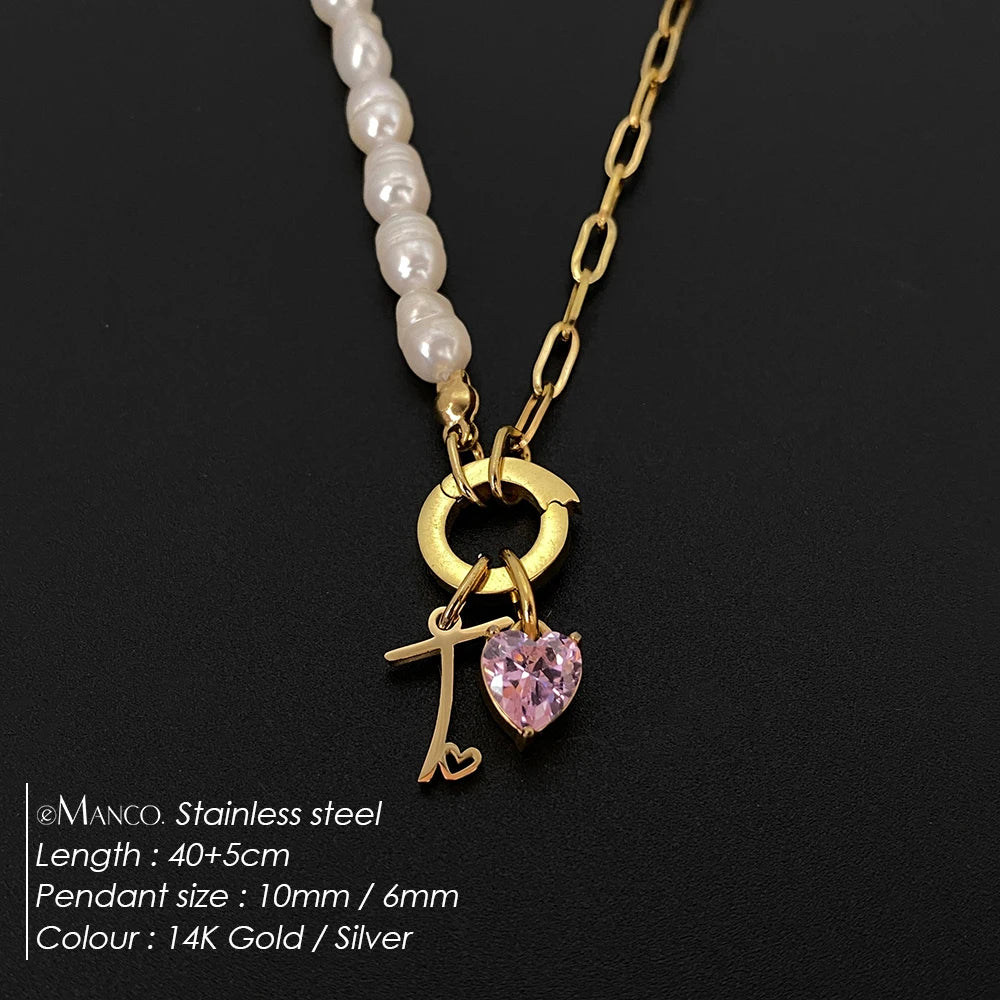 eManco Natural Freshwater Pearl Heart Stainless Steel Cubic Zirconia Pendant Necklace Aesthetic Luxury Chain Jewelry Gift – Halskette