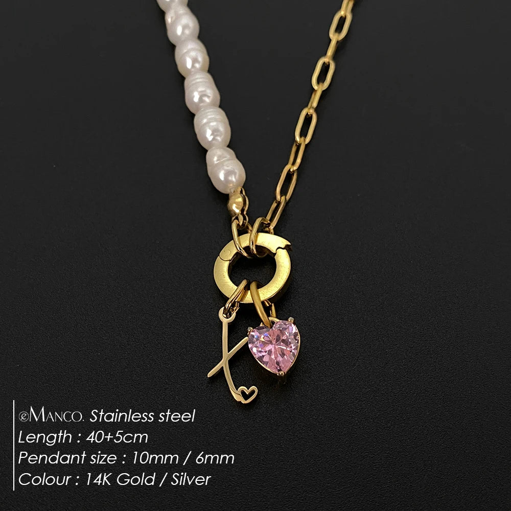 eManco Natural Freshwater Pearl Heart Stainless Steel Cubic Zirconia Pendant Necklace Aesthetic Luxury Chain Jewelry Gift – Halskette