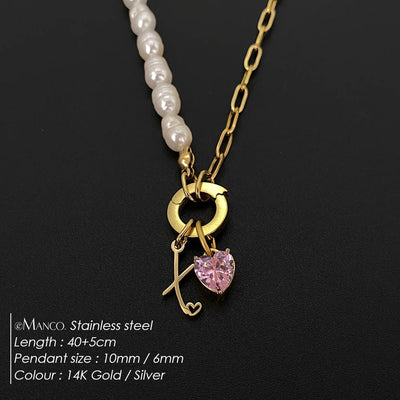 eManco Natural Freshwater Pearl Heart Stainless Steel Cubic Zirconia Pendant Necklace Aesthetic Luxury Chain Jewelry Gift – Halskette