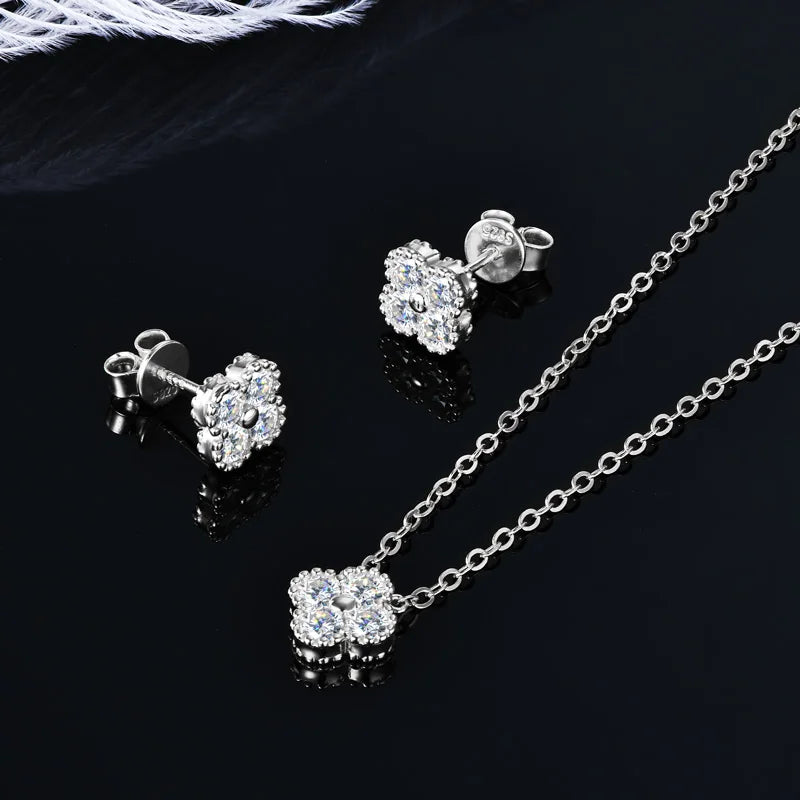 IOGOU 3 In 1 Clover Flower Jewelry Sets Silver 3mm D Moissanite Pendant Necklace Bracelet Stud Earrings Sets Charm