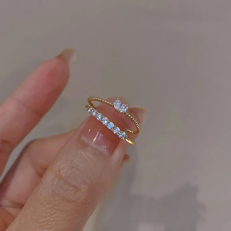 2pcs/set Gold Color Heart Zircon Rings Set Girls Adjustable Minimalism Luxury Twist Ring Fashion Jewelry Wedding Gifts