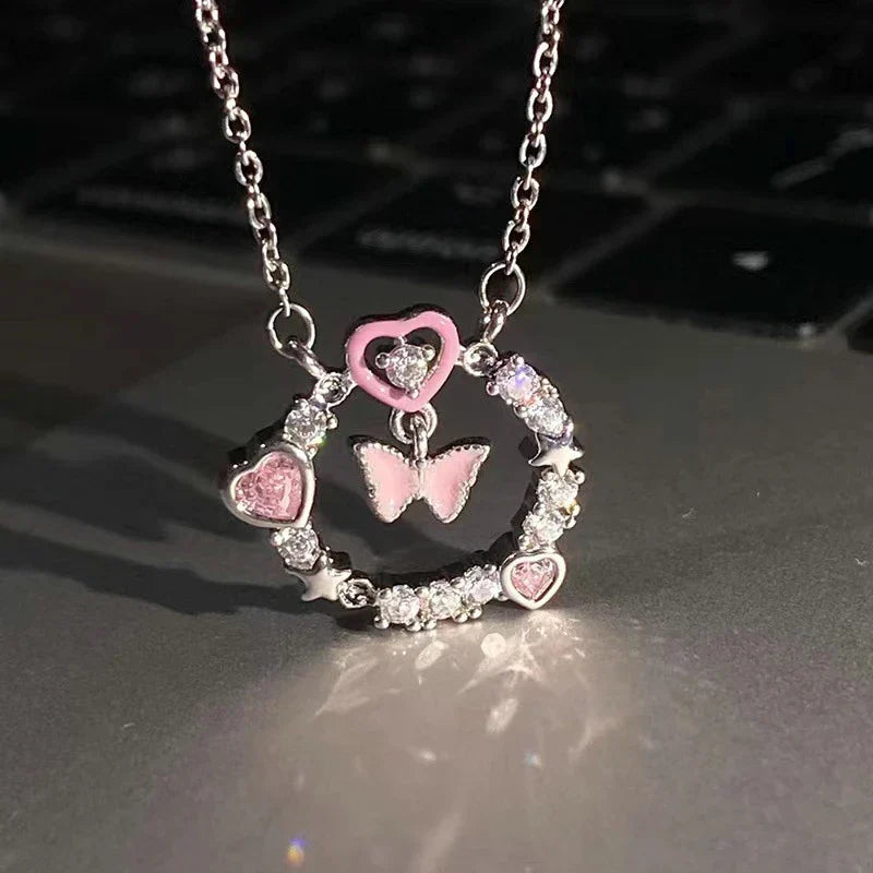 Fashion Pink Planet Heart Zircon Necklace Charm Aesthetic Clavicle Chain Necklace Valentines Day Gift Party Jewelry – Halskette