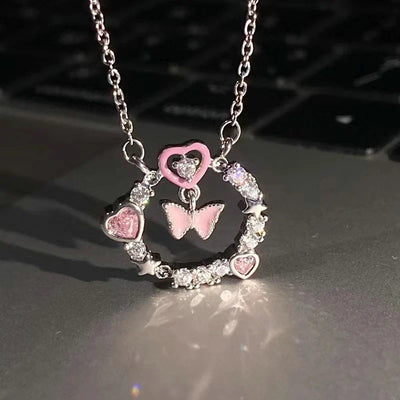 Fashion Pink Planet Heart Zircon Necklace Charm Aesthetic Clavicle Chain Necklace Valentines Day Gift Party Jewelry – Halskette