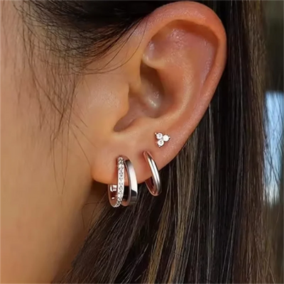 3Pcs Double Crystal Tragus Earring Floral Set Cartilage Helix Stud Earrings Bulk Lobe Hoop Earing Lot Fashion Jewelry Gift