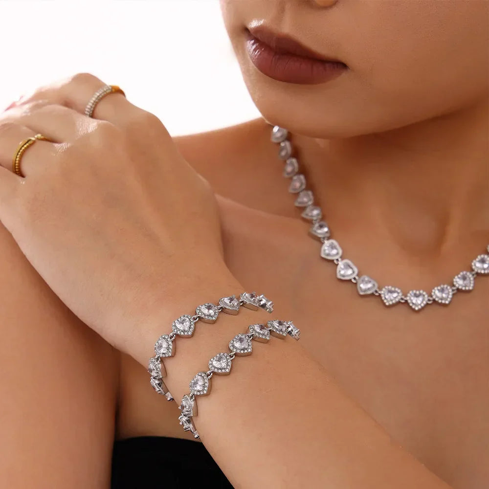 Trendy Stainless Steel Cuban Chain Necklace Bracelet White Zircon Inlaid Luxury Charm Bangle Jewelry Gift – Halskette
