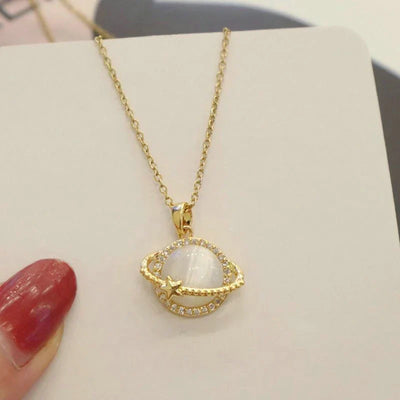 Fashion Pink Planet Heart Zircon Necklace Charm Aesthetic Clavicle Chain Necklace Valentines Day Gift Party Jewelry – Halskette