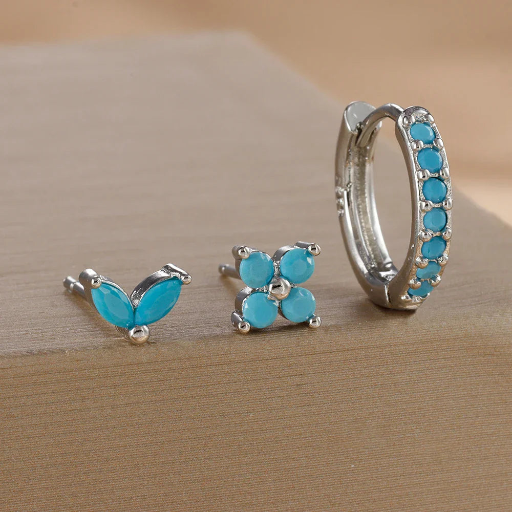 3PCS Stainless Steel Gold Color Circle Hoop Earrings Set Simple Zircon Flower Stud Earring Cartilage Piercing Jewelry