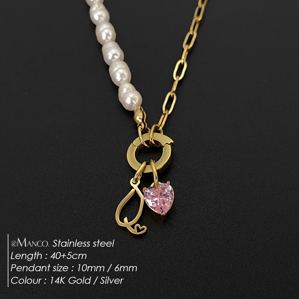 eManco Natural Freshwater Pearl Heart Stainless Steel Cubic Zirconia Pendant Necklace Aesthetic Luxury Chain Jewelry Gift – Halskette