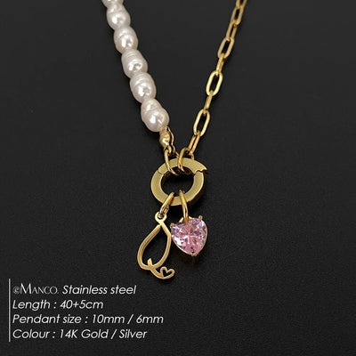eManco Natural Freshwater Pearl Heart Stainless Steel Cubic Zirconia Pendant Necklace Aesthetic Luxury Chain Jewelry Gift – Halskette