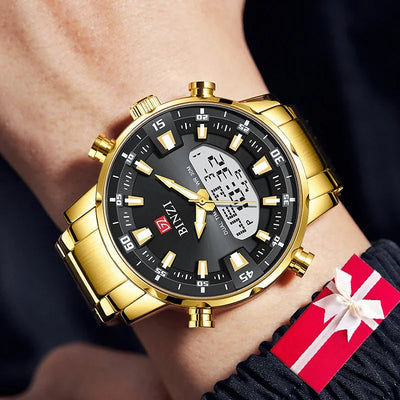 Luxus Herren-Armbanduhr 2025 – Goldene Edelstahluhr mit Dual Display | Relogio Masculino