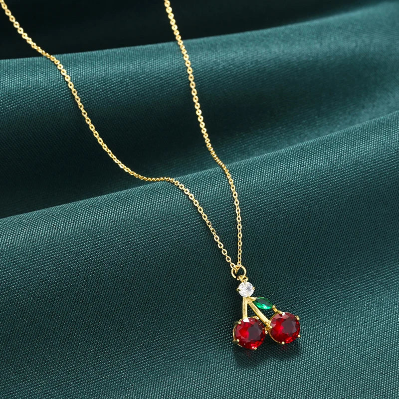 ZHUKOU Copper And Enamel Oil Drip Craft Red Cherry Pendant Necklace Personalised Jewellery Gift: VL635 – Halskette