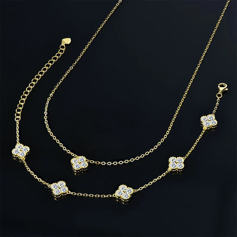 IOGOU 3 In 1 Clover Flower Jewelry Sets Silver 3mm D Moissanite Pendant Necklace Bracelet Stud Earrings Sets Charm