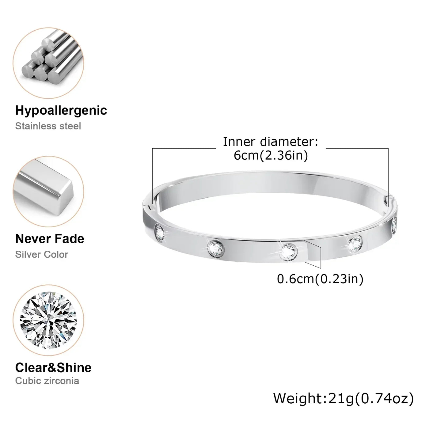 Luxurious Cubic Zircon Openable Bracelet ,Stainless Steel Round Bangle Bracelets,Charm Jewelry Gifts – Armband
