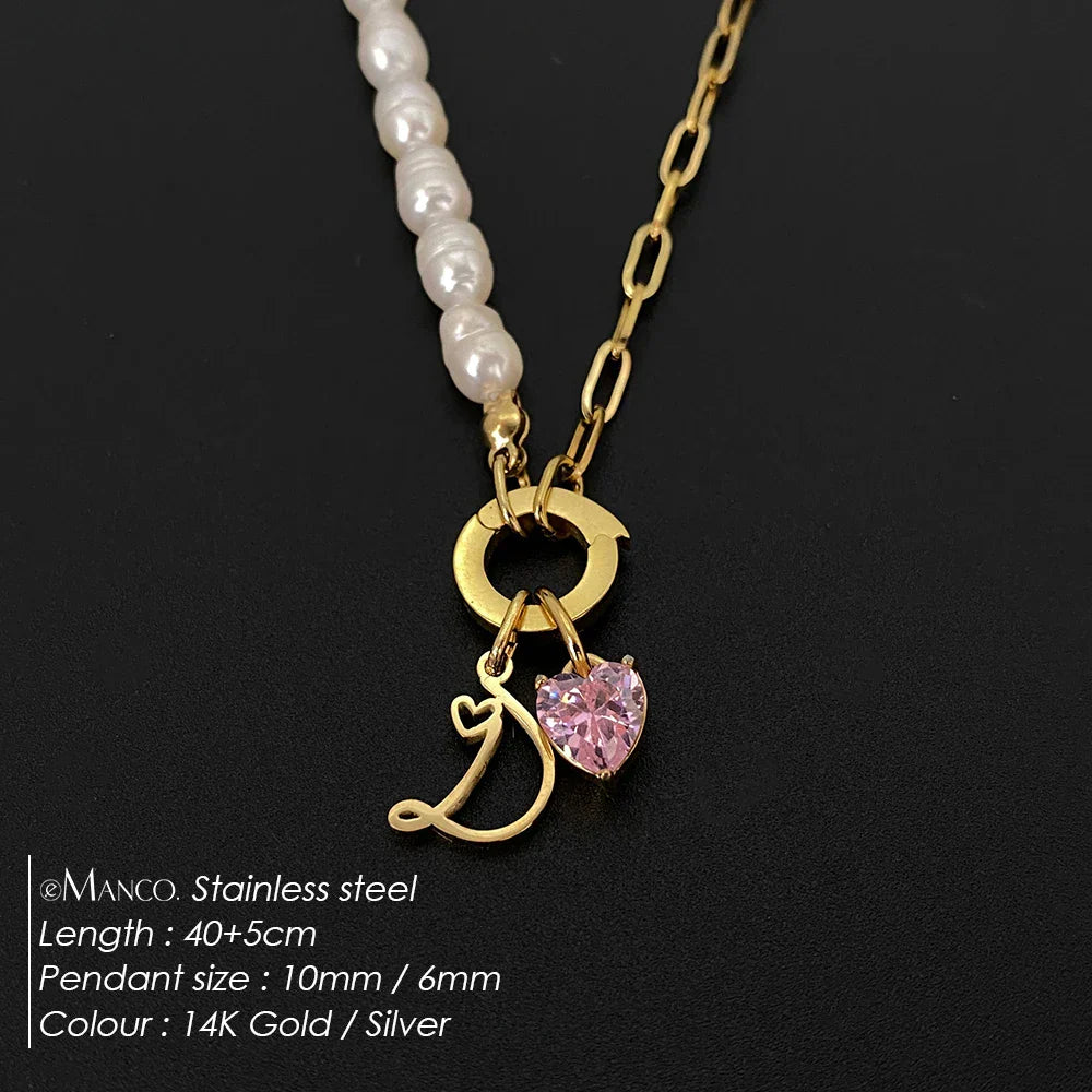 eManco Natural Freshwater Pearl Heart Stainless Steel Cubic Zirconia Pendant Necklace Aesthetic Luxury Chain Jewelry Gift – Halskette