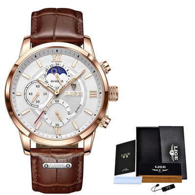 Herren Chronograph – Luxus Quarz-Armbanduhr mit Mondphase & Lederarmband | Sportlich & Elegant | 3ATM Wasserdicht