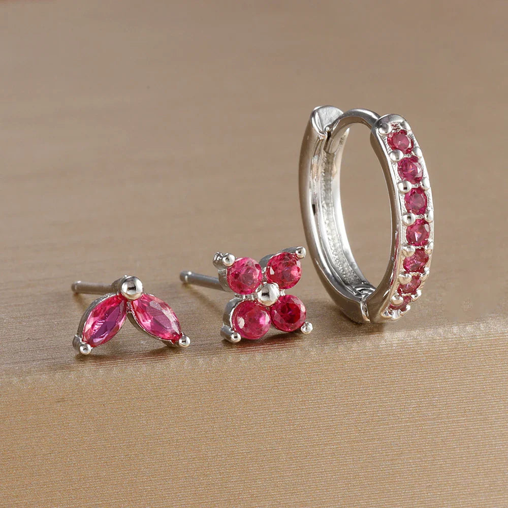 3PCS Stainless Steel Gold Color Circle Hoop Earrings Set Simple Zircon Flower Stud Earring Cartilage Piercing Jewelry