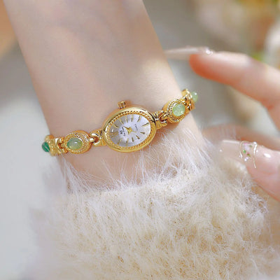 BS Bienenschwester FA1859 Damen Quarzuhr – Hochwertige Legierung mit Jade-Armband, Wasserfest, Elegante Dress-Uhr