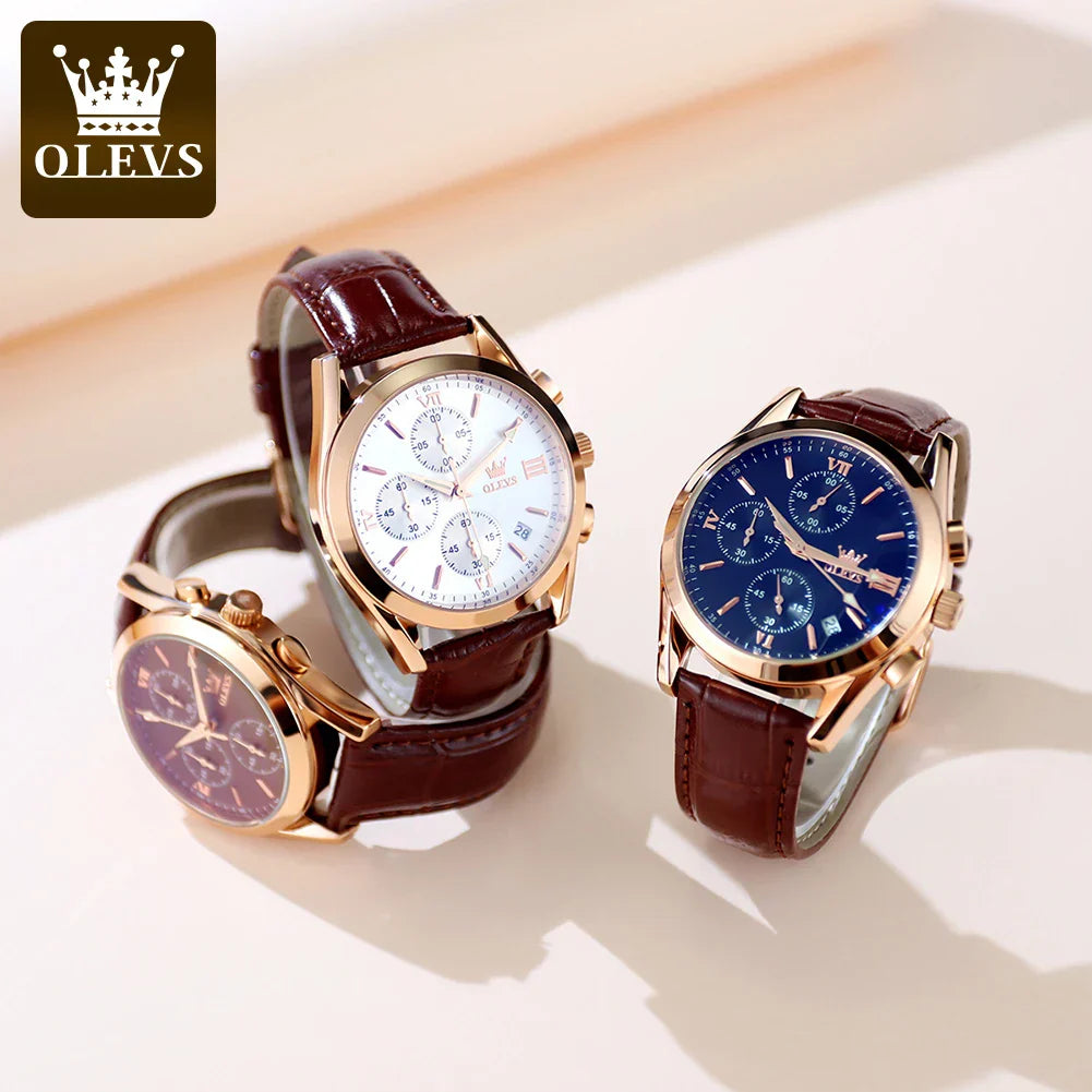 OLEVS Sport Quarz Chronograph Uhr für Herren, Wasserdicht mit Luminous Zeigern, Auto Date, Lederarmband