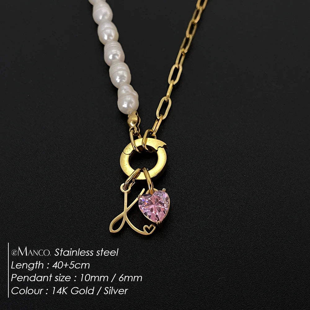 eManco Natural Freshwater Pearl Heart Stainless Steel Cubic Zirconia Pendant Necklace Aesthetic Luxury Chain Jewelry Gift – Halskette
