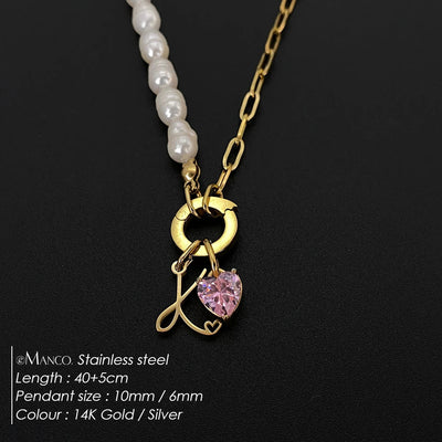 eManco Natural Freshwater Pearl Heart Stainless Steel Cubic Zirconia Pendant Necklace Aesthetic Luxury Chain Jewelry Gift – Halskette