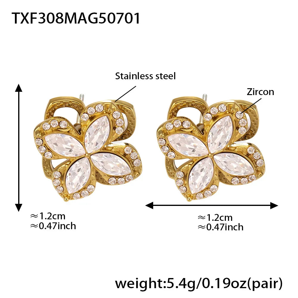 Gorgeous Zircon Necklace Earrings Ring Revolving Flower Pendant Gold Plated Chain Stainless Steel Charm Jewelry Gift