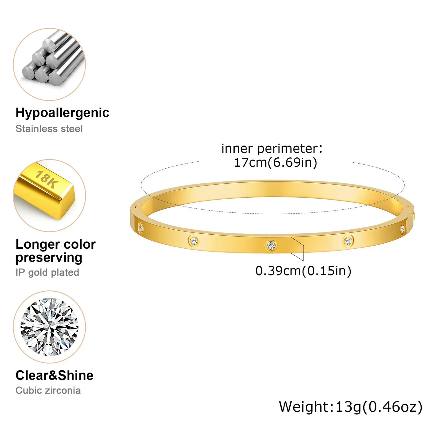 Luxurious Cubic Zircon Openable Bracelet ,Stainless Steel Round Bangle Bracelets,Charm Jewelry Gifts – Armband