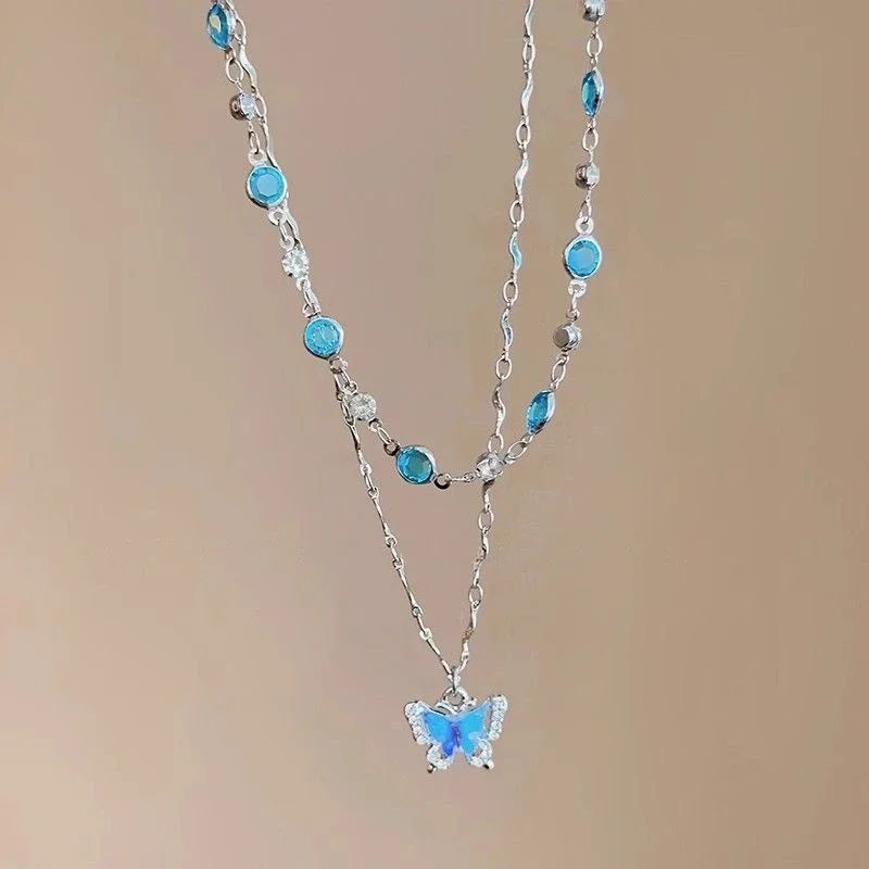 LATS Romantic Blue Crystal Butterfly Necklace Girls Simple Shiny Zircon Bilayer Choker Clavicle Chain Fine Jewelry – Halskette