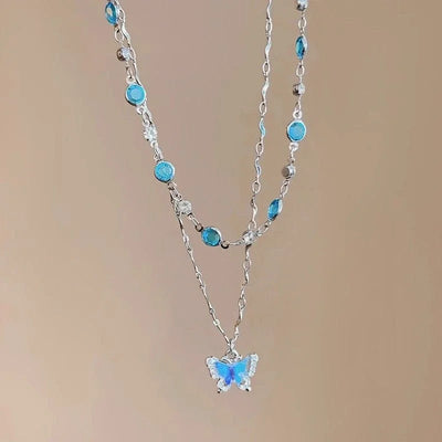 LATS Romantic Blue Crystal Butterfly Necklace Girls Simple Shiny Zircon Bilayer Choker Clavicle Chain Fine Jewelry – Halskette