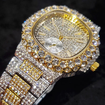 Luxus "Iced Out" Quarz-Armbanduhr für Herren – Edelstahl, Stoßfest, Wasserdicht