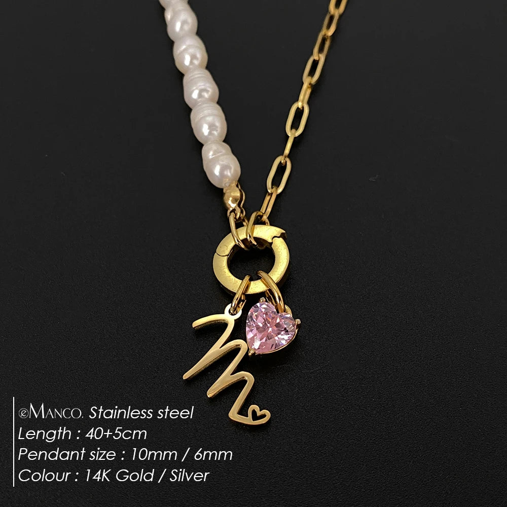 eManco Natural Freshwater Pearl Heart Stainless Steel Cubic Zirconia Pendant Necklace Aesthetic Luxury Chain Jewelry Gift – Halskette