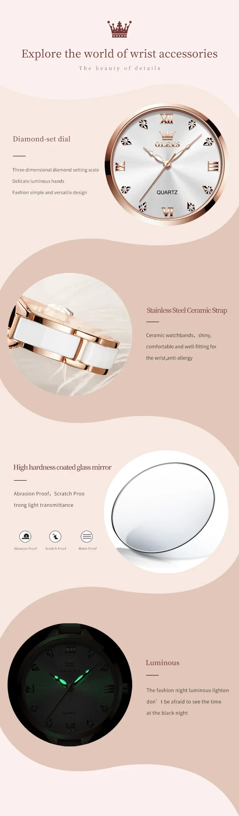 Olevs 5872 Damen Quarzuhr – Elegante Keramik Armbanduhr, Wasserdicht, Japanisches Uhrwerk
