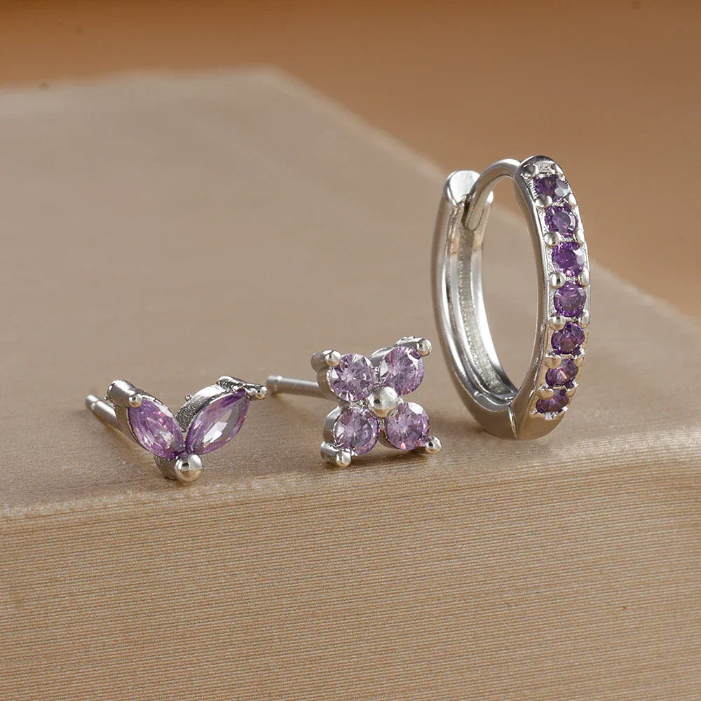 3PCS Stainless Steel Gold Color Circle Hoop Earrings Set Simple Zircon Flower Stud Earring Cartilage Piercing Jewelry