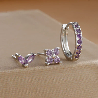 3PCS Stainless Steel Gold Color Circle Hoop Earrings Set Simple Zircon Flower Stud Earring Cartilage Piercing Jewelry